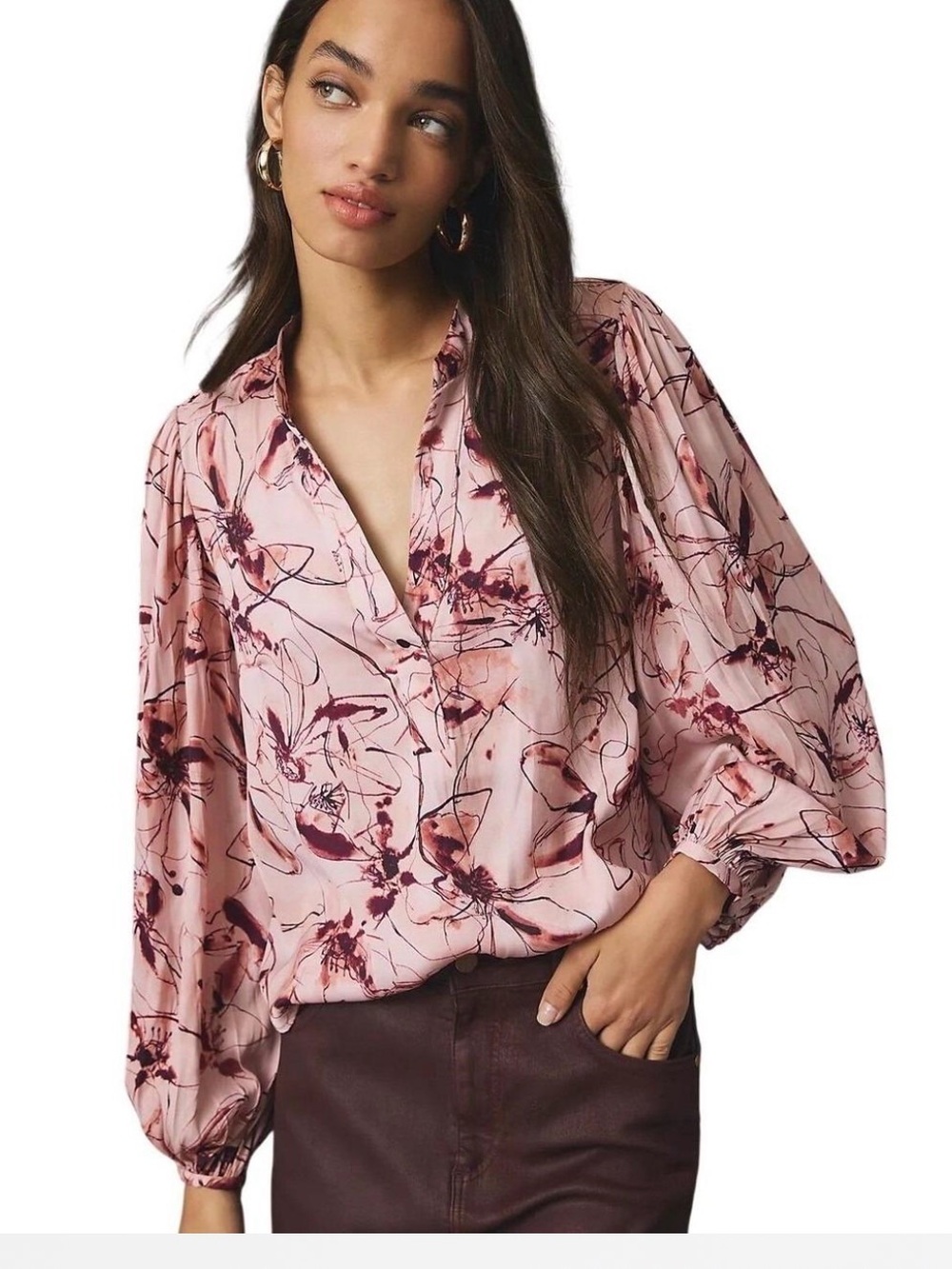 Anthropologie Pink Floral V-Neck Balloon-Sleeve Blouse